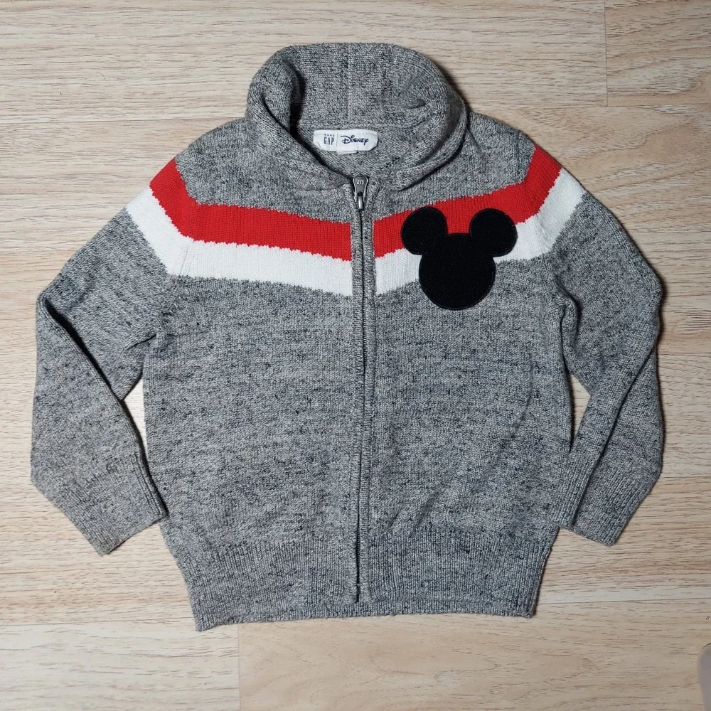 Baby Gap Disney Cardigan Toddler 4 Mickey Mouse Embroidered Wool Gray Zip Up